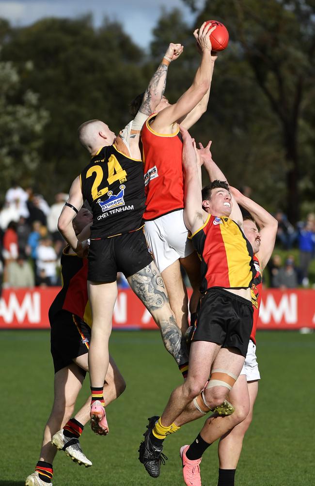 Dingley’s Caleb Lewis takes a soaring mark. Picture: Andrew Batsch