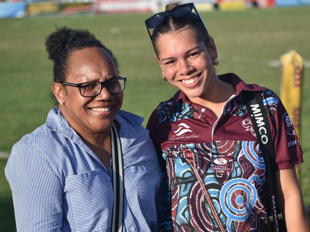 Raeleen Willie and Emerson Godwell at the CQ Capras versus Mackay Cutters games at Browne Park, Rockhampton, on June 24, 2023.