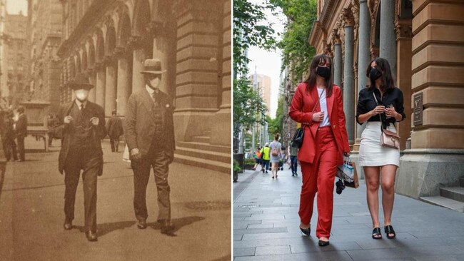 1919: People wearing masks in Sydney during the Spanish Flu epidemic of 1918-1919.<br/>2021: Victoria and Olivia Gore on George Street, Sydney on Wednesday. Picture: Justin Lloyd