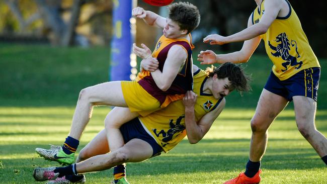 Zac Becker lays a tackle against St Michael’s. He was instrumental in Scotch’s Intercol win over Immanuel over the weekend. Picture: AAP/Morgan Sette