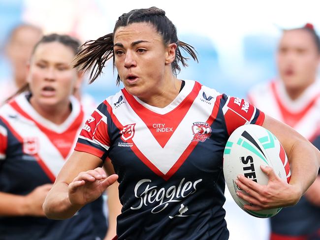 SYDNEY, AUSTRALIA - AUGUST 26:  Millie Boyle of the Roosters runs with the ball during the round six NRLW match between Sydney Roosters and Wests Tigers at Allianz Stadium, on August 26, 2023, in Sydney, Australia. (Photo by Matt King/Getty Images)