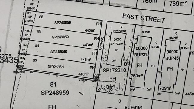 This is the map Shelley Threfall says she sourced from Department of Natural Resources, which has “pathway” marked on the laneway next to her property off East St. Under the Land Act 1994, a “pathway” can be a declared road. PICTURE: SUPPLIED.