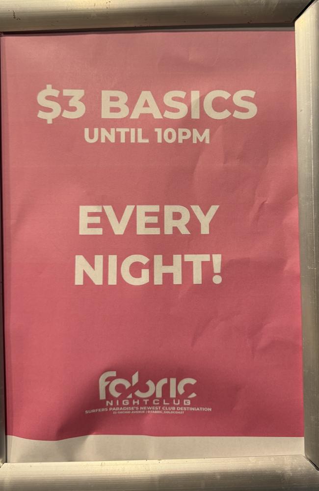 Fabric Nightclub advertises $3 drinks, a massive 75 per cent discount from normally priced drinks. Picture: Supplied