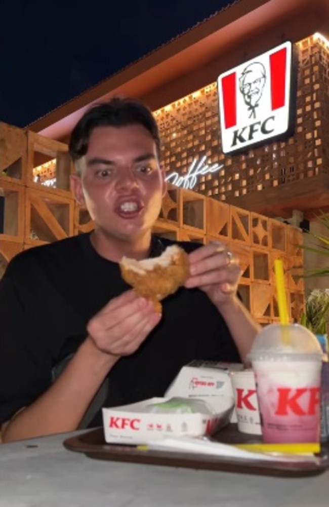 He loved the fried chicken, saying it tastes exactly how it does in Australia. Picture: TikTok/jackcoopxr