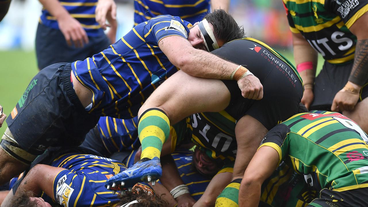 East player Tom Milosevic crashes through Rugby union national championships between Easts and Gordon. Saturday March 20, 2021. Picture, John Gass