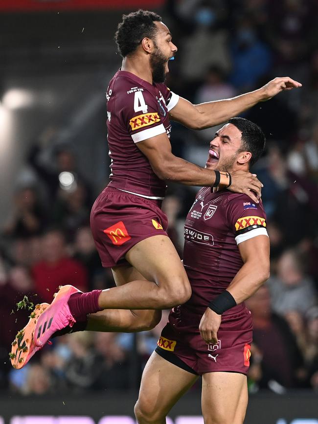 Hamiso Tabuai-Fidow celebrates with Valentine Holmes. Picture: Getty Images