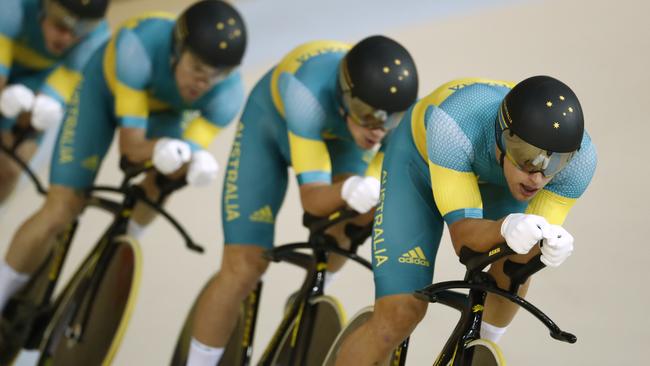 Australia's Jack Bobridge, with Alexander Edmondson, Michael Hepburn and Sam Welsford compete in the men's Team Pursuit finals track cycling event at the Velodrome during the Rio 2016 Olympic Games. Picture: AFP PHOTO / Odd Andersen