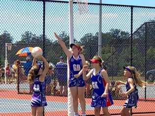 Warwick players Kaitlen Ryan (GD) and Lilly Jones (GK) in action for the 12 Years Shooting Stars team against Dalby. Picture: Contributed