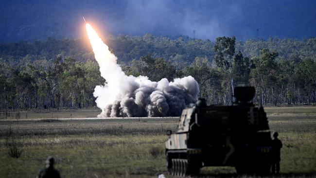 The High Mobility Artillery Rocket System (HIMARS) is fired by the US Army during Exercise Talisman Sabre 2023 in the Shoalwater Bay training area outside of Rockhampton in Central Queensland. Picture: NCA NewsWire / Jeremy Piper