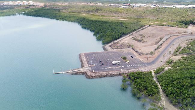 Aerial of East Arm Boat Ramp at East Arm, Northern Territory, where recreational fisherman launch their boats.