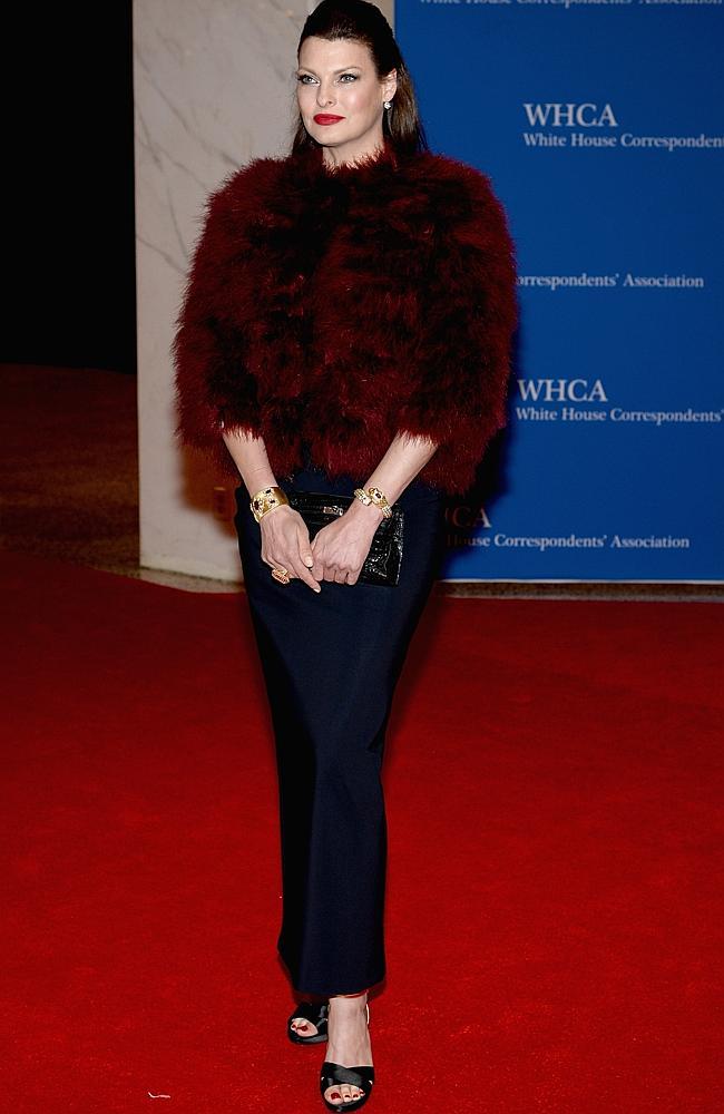 Linda Evangelista and her Muppet friend. (Photo by Dimitrios Kambouris/Getty Images)