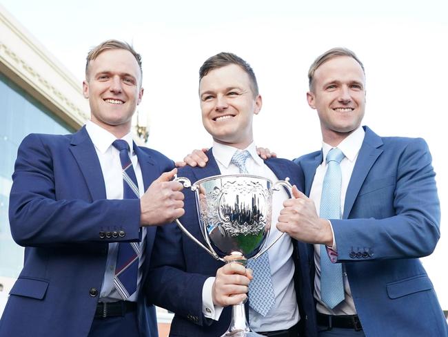 Will Hayes, Ben Hayes and JD Hayes after Mr Brightside (NZ) won the Stow Storage Memsie Stakes at Caulfield Racecourse on September 02, 2023 in Caulfield, Australia. (Photo by Scott Barbour/Racing Photos via Getty Images)