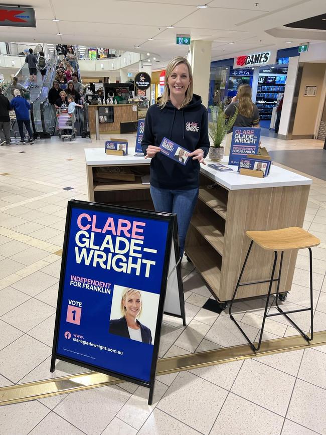 Clare Glade-Wright has been "softly" campaigning for state parliament for several months, holding. Image: Clare Glade-Wright (via Facebook).