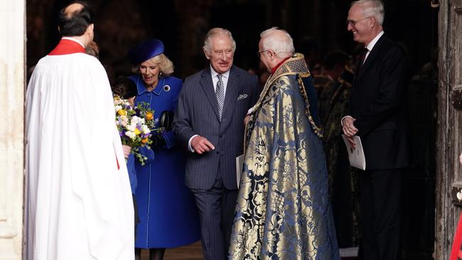 King Charles III and Camilla, Queen Consort depart the annual Commonwealth Day Service at Westminster Abbey. Picture: Getty Images.