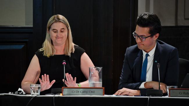 Cr Dr Cathy Oke makes an emotional speech. Melbourne City Council meeting. Picture: Jason Edwards