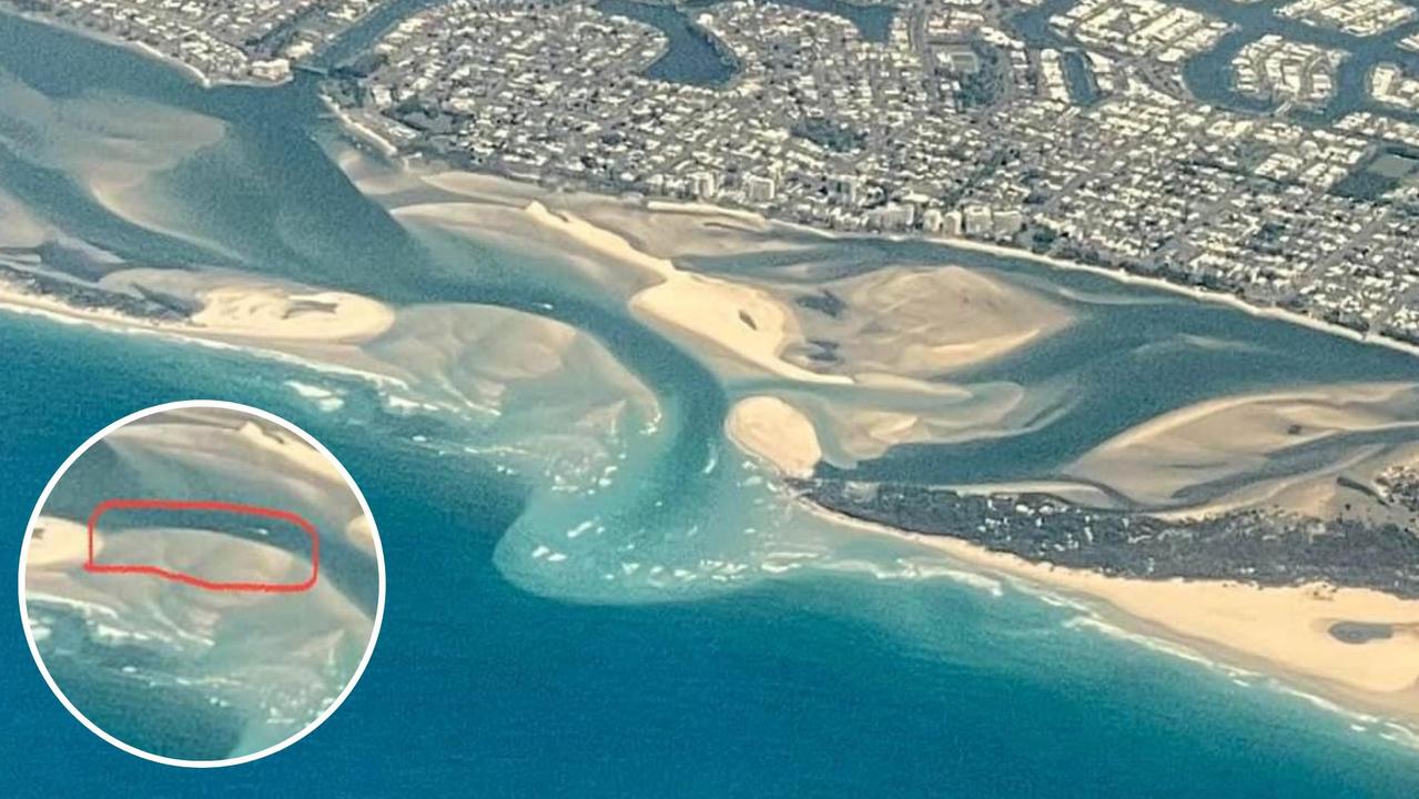 The Caloundra Coast Guard has shared photographs of the Bribie Island breakthrough highlighting the area where an eddy is forming and causing boaties some problems. Pictures: Supplied by Caloundra Coast Guard