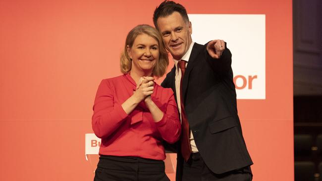 Premier Chris Minns and wife Anna at the NSW Labor conference on Sunday. Picture: Simon Bullard