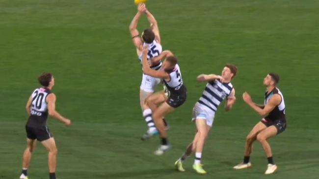 Patrick Dangerfield was hit from behind. Photo: Fox Footy.