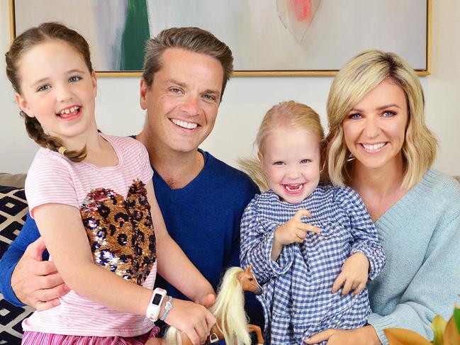 Channel 7 news reader Jacqueline Felgate, her husband Sport 927 presenter Michael Felgate and their daughters Maddie and Georgia.One of the things they miss now they are in lock down is going pony riding with the girls. Picture : Nicki Connolly