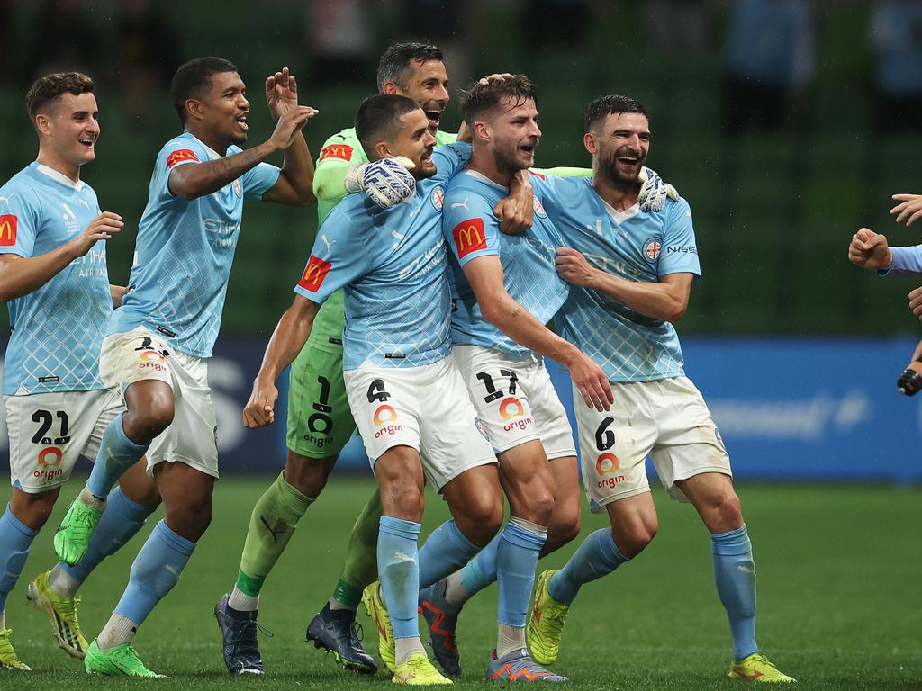 Terry Antonis celebrates his outstanding goal from near halfway as Melbourne City thrash Wanderers. Picture: Getty Images