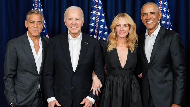 Clooney, US President Joe Biden, Julia Roberts and former US president Barack Obama in June. Picture: Supplied