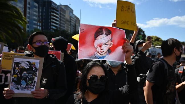 This photo shows pro-Hong Kong protesters in Sydney yesterday.