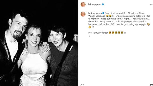 Britney Spears says she kissed Ben Affleck the night this photo was taken. Picture: Instagram