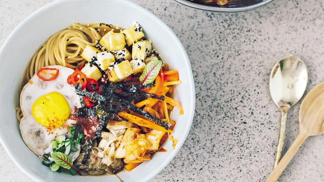 Ellie’s spicy ramen recipe with “vegan fried eggs”. Photo: Ellie Bullen