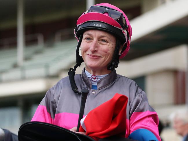 Linda Meech returns to scale after riding Inn Keeper to victory in race 7, the Darren Gauci Handicap, during Caulfield Race Day at Caulfield Racecourse in Melbourne, Saturday, May 12, 2018. (AAP Image/George Salpigtidis) NO ARCHIVING, EDITORIAL USE ONLY