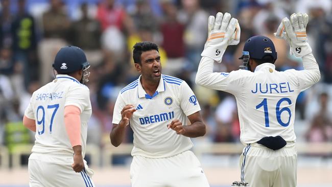 Ravichandran Ashwin dismissing Ollie Pope. Picture: Getty