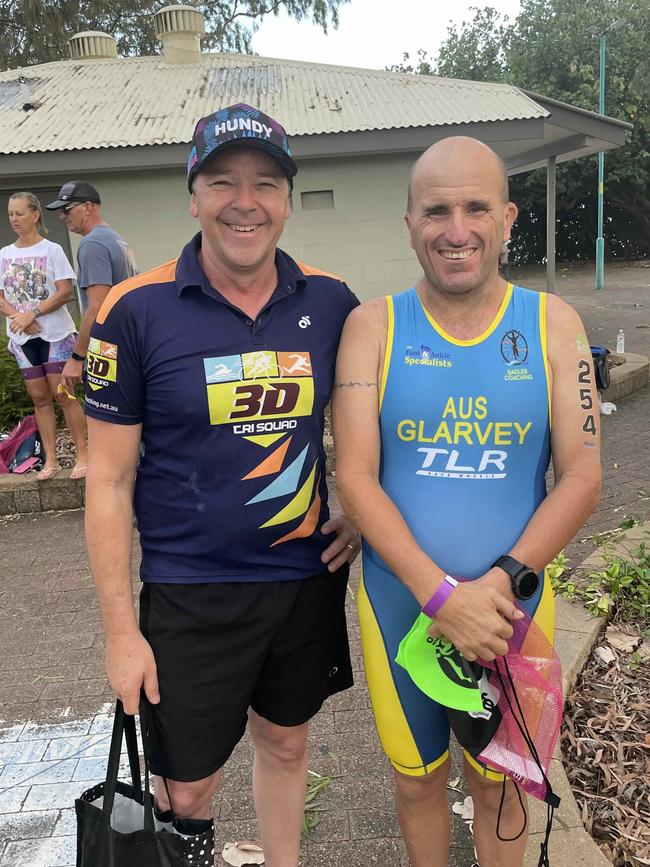 Ryan McLoughlin and Nathan Glarvey at the Hervey Bay 100 Triathlon on Sunday, November 26, 2023.