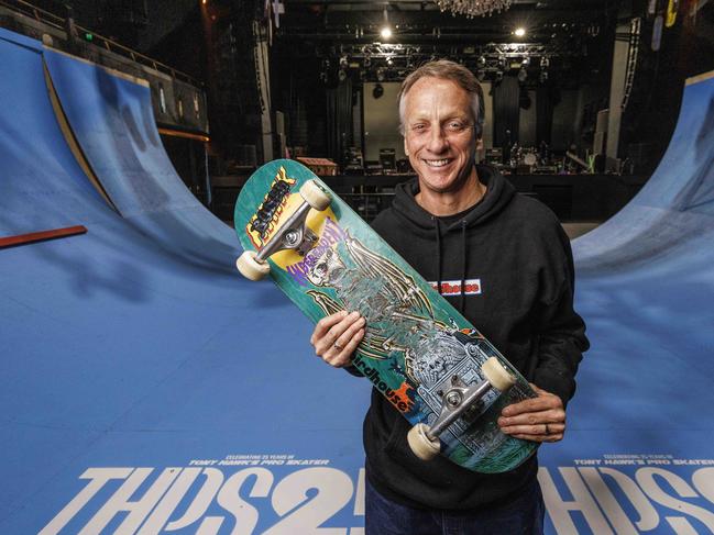 26th January 2024World famous skateboarder Tony Hawk on a custom-built, three-metre skate "vert ramp" that's been set up on the floor at The Fortitude Music Hall in Brisbane.Glenn Hunt / The Australian