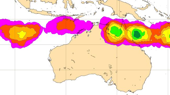 A tropical storm strike probability chart by the European Centre for Medium-Range Weather Forecasts showing a heightened chance of a tropical cyclone for North Queensland.