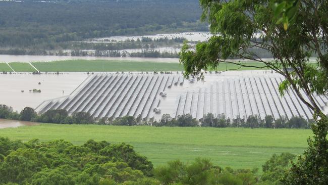 Sunshine Coast Council's solar farm pictured in late February during the recent flooding event. It is understood this was not when floodwaters were at the peak. Picture: Suzanne Tigell