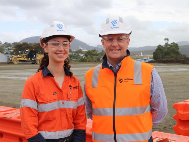 TasWater site engineer Sarah Dall'Alba and General manager project delivery Tony Willmot at the Selfs Point site. Picture: Elise Kaine