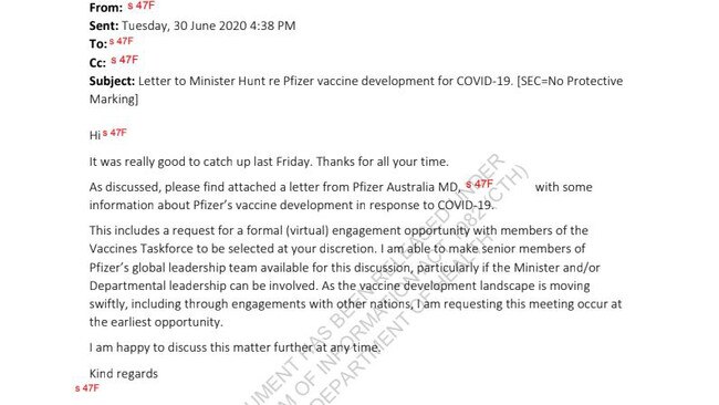 Documents released through Freedom of Information have revealed Pfizer first contacted the Australian government, and that Greg Hunt did not meet with the company for two months. Picture: Supplied via NCA NewsWire