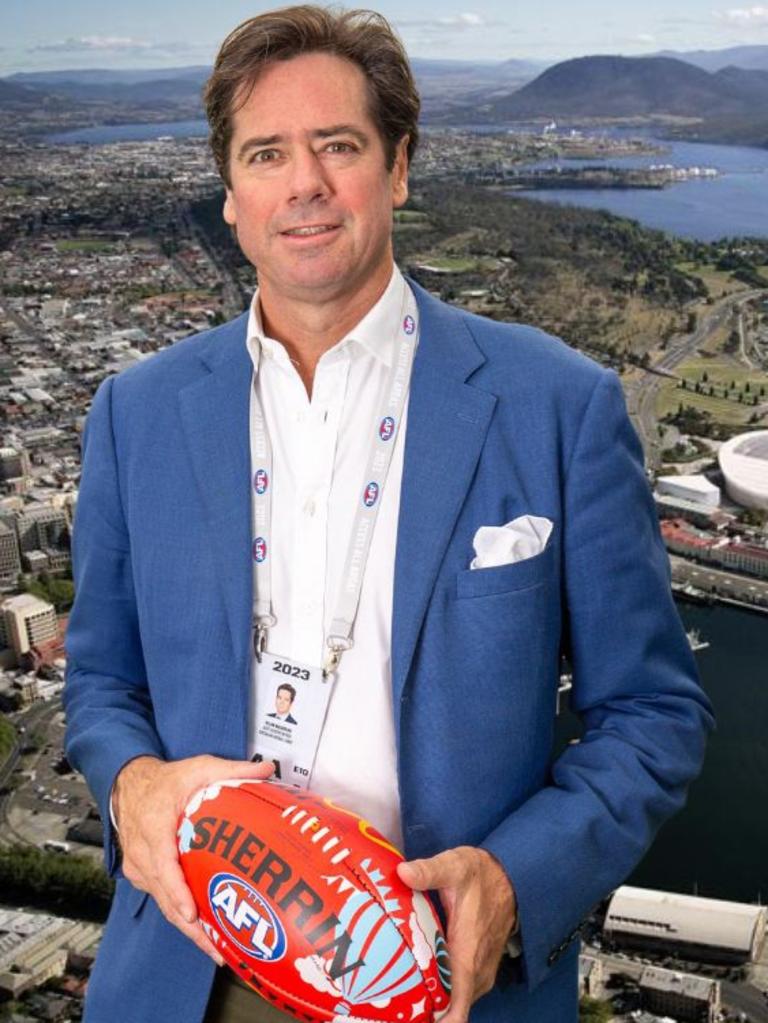 AFL chief executive Gillon McLachlan overlooking Macquarie Point.