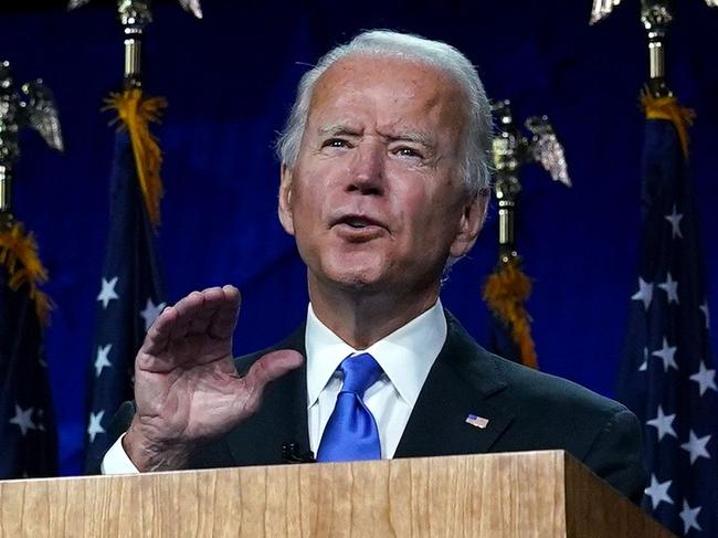 TOPSHOT - Former vice-president and Democratic presidential nominee Joe Biden accepts the Democratic Party nomination for US president during the last day of the Democratic National Convention, being held virtually amid the novel coronavirus pandemic, at the Chase Center in Wilmington, Delaware on August 20, 2020. (Photo by Olivier DOULIERY / AFP)