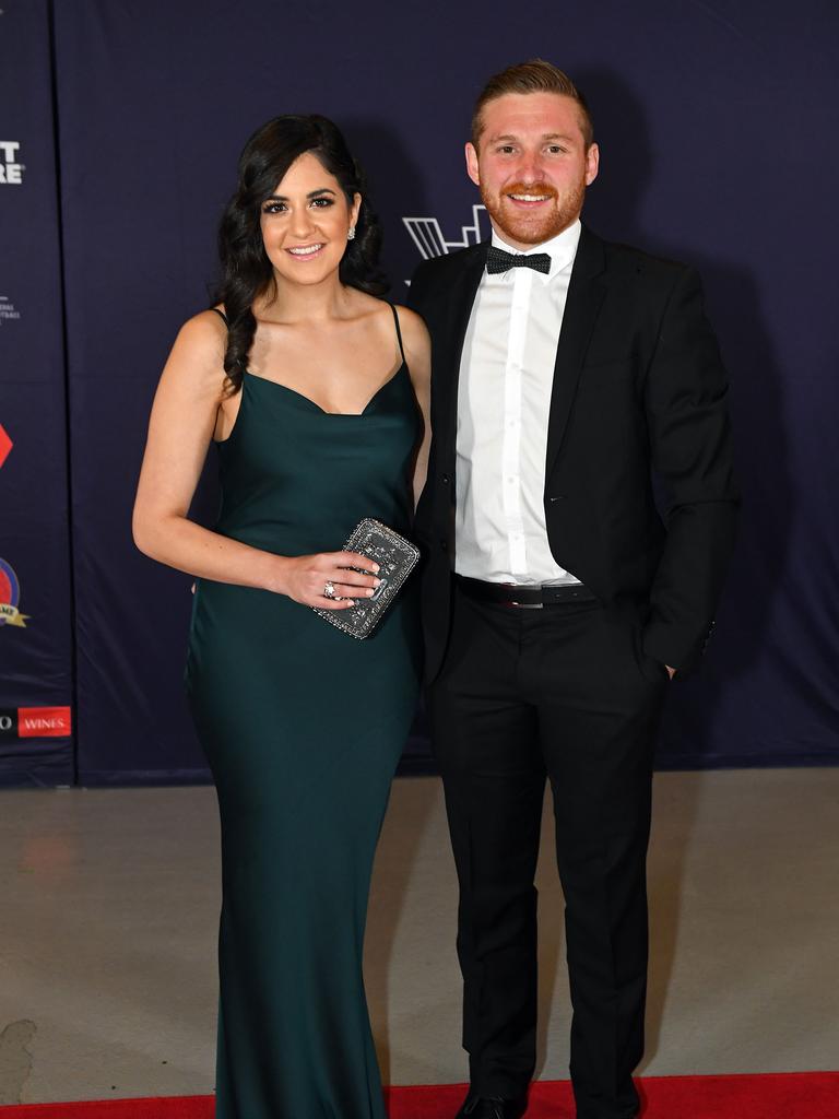 Alexa Vozzo and Jarrod Schiller on the red carpet ahead of the Magarey Medal presentation at Adelaide Oval.