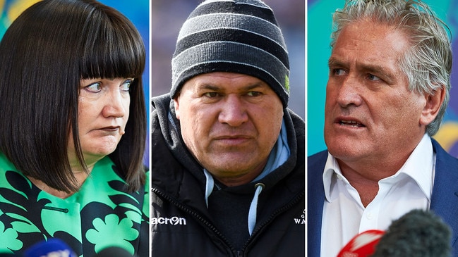 Rugby Australia CEO Raelene Castle, Dave Rennie, and director of rugby Scott Johnson. Rennie, centre, has been appointed Wallabies coach. Picture: Getty Images