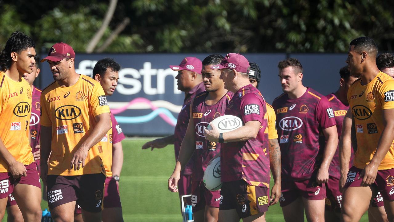 Brisbane coach Kevin Walters called the playing group together to deliver some candid words at training. Picture: Liam Kidston