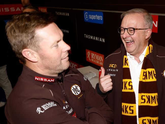 Sam Mitchell with Anthony Albanese after the game. Picture: Getty Images