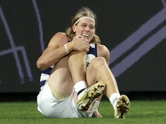 Sam De Koning suffered a knee injury against Adelaide. Picture: Martin Keep/AFL Photos/via Getty Images