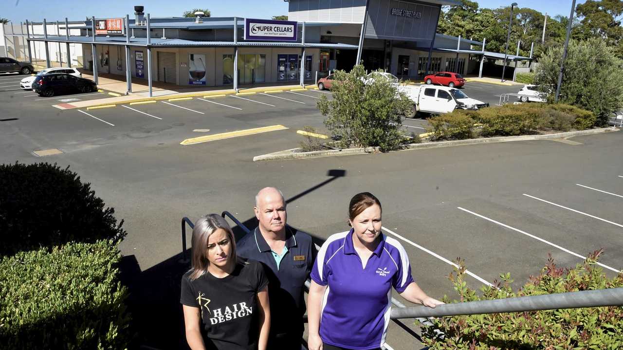 Bridge Street Plaza tenants have struggled since IGA closed. From left; Kristy Sharpley - R Hair Design, Peter Degnian - Plaza Pharmacy and Alison Reeves - Born & Bread Bakery. Picture: Bev Lacey