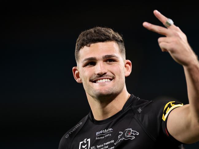 SYDNEY, AUSTRALIA - OCTOBER 02: Nathan Cleary of the Panthers celebrates winning the 2022 NRL Grand Final match between the Penrith Panthers and the Parramatta Eels at Accor Stadium on October 02, 2022, in Sydney, Australia. (Photo by Cameron Spencer/Getty Images)