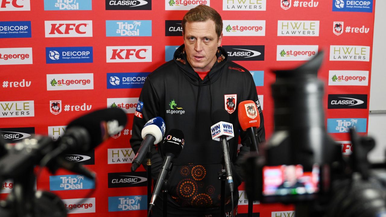 Ryan Carr held his first press conference on Thursday since taking over as interim coach of the Dragons. Picture: AAP / Dean Lewins