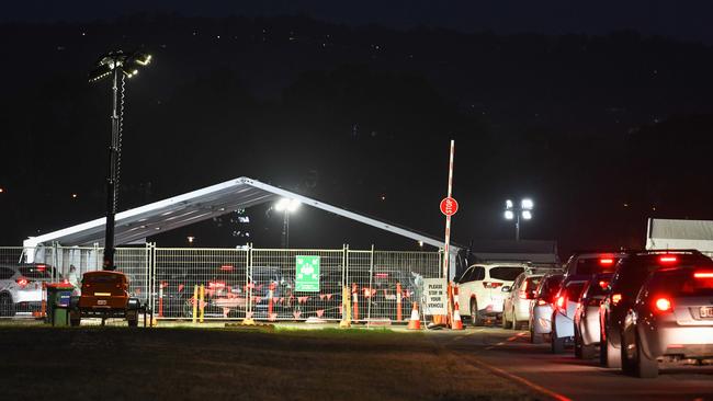 Long queues are seen at Adelaide’s Victoria Park COVID-19 testing station last night. Picture: Brenton Edwards