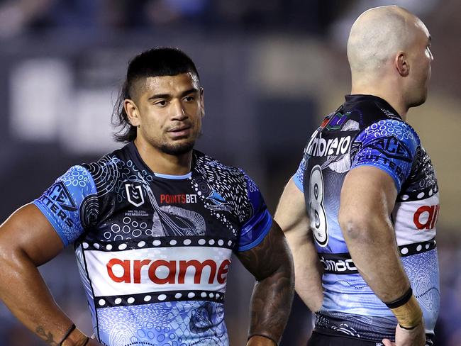 SYDNEY, AUSTRALIA - MAY 25: Sharks players react during the round 12 NRL match between Cronulla Sharks and Penrith Panthers at PointsBet Stadium, on May 25, 2024, in Sydney, Australia. (Photo by Brendon Thorne/Getty Images)