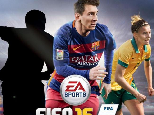 Steph Catley on the Australian cover of FIFA 16 with Lionel Messi.