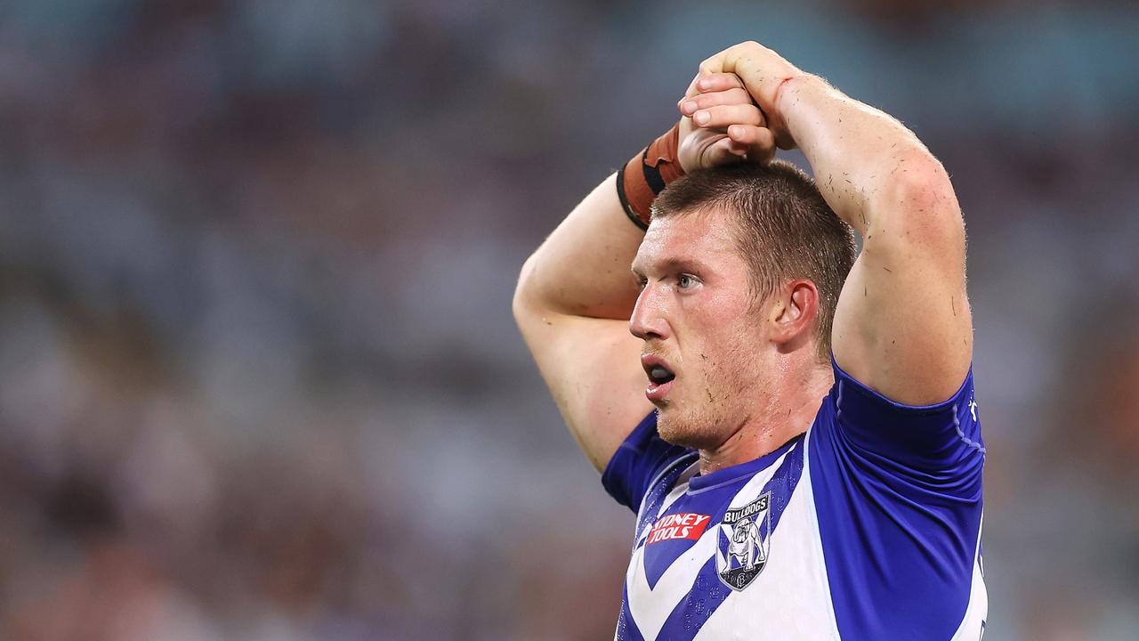 SYDNEY, AUSTRALIA - MARCH 20: Jack Hetherington of the Bulldogs looks dejected during the round two NRL match between the Canterbury Bulldogs and the Brisbane Broncos at Accor Stadium, on March 20, 2022, in Sydney, Australia. (Photo by Mark Kolbe/Getty Images)